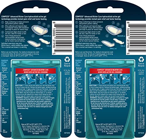 Compeed Advanced Blister Care 10 Count Mixed Sizes Pads (2 Packs), Hydrocolloid Bandages, Heel Patches, Blister on Foot, Blister Prevention & Treatment, Waterproof Cushions, Packaging May Vary