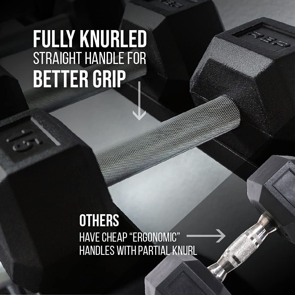 Rep 5-100 lb Rubber Hex Dumbbell Set with (2) 3-Tier Dumbbell Rack and Flat Bench FB-3000