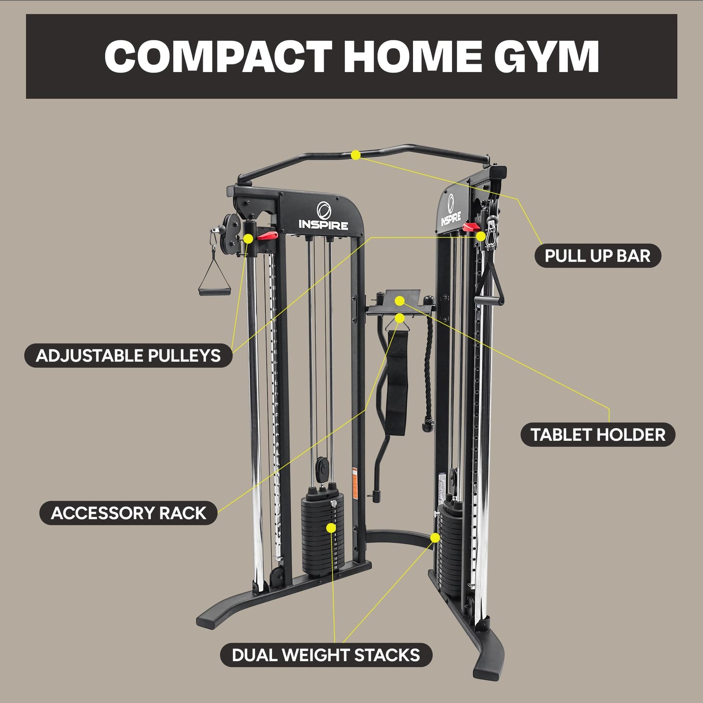Inspire Fitness FTX Functional Trainer - Compact at Home Workout Machine with Accessories - Space Saving Design - Home Gym Cable Machine and Two 165 lb Weight Stacks