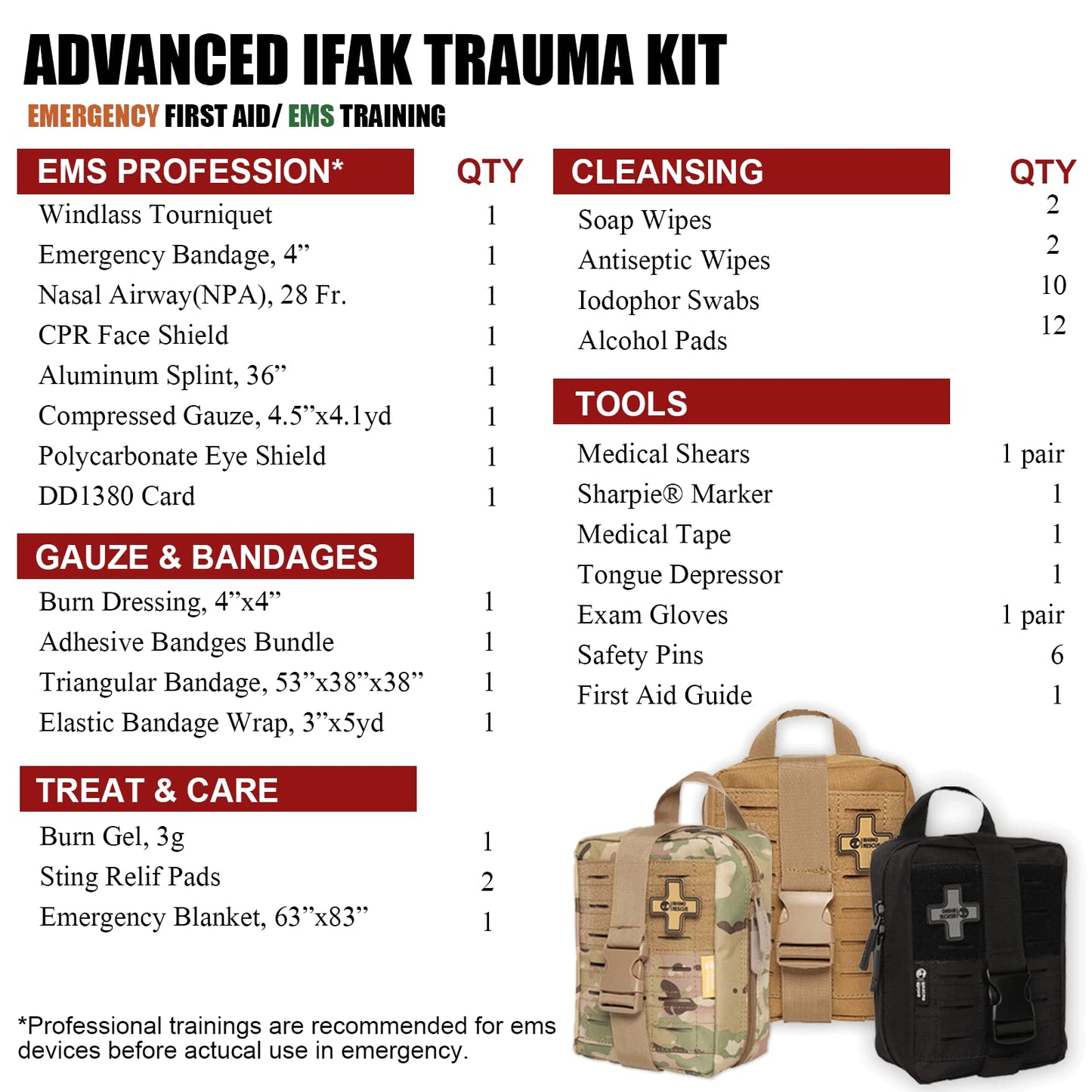 RHINO RESCUE IFAK Trauma First Aid Kit Molle Medical Pouch for Car Home Travel Hiking (Black)