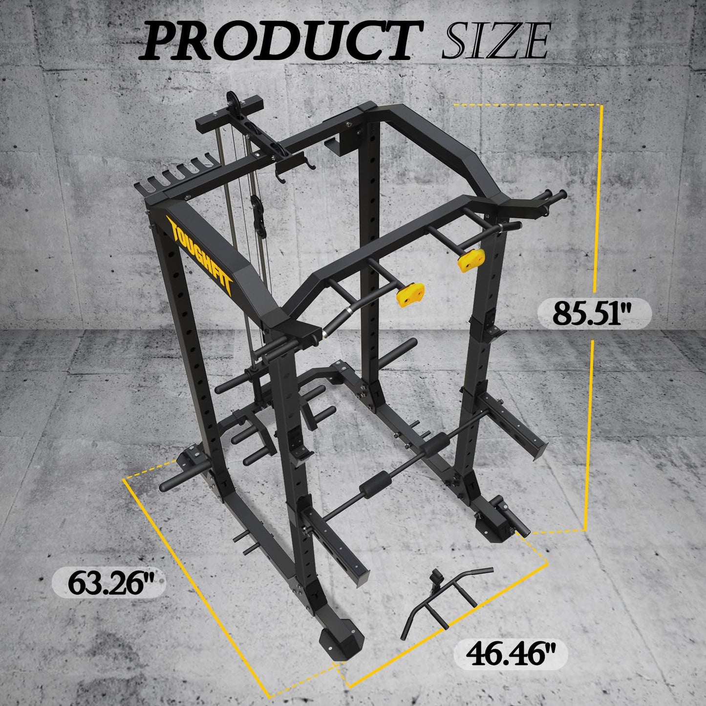 TOUGHFIT 2024 Upgraded T2 Power Cage Muti-Function Power Rack with LAT Pulldown System Squat Rack with Weights and Bar Set for Home Gym with Unique Training Attachment-T2BLK-O1200BP230