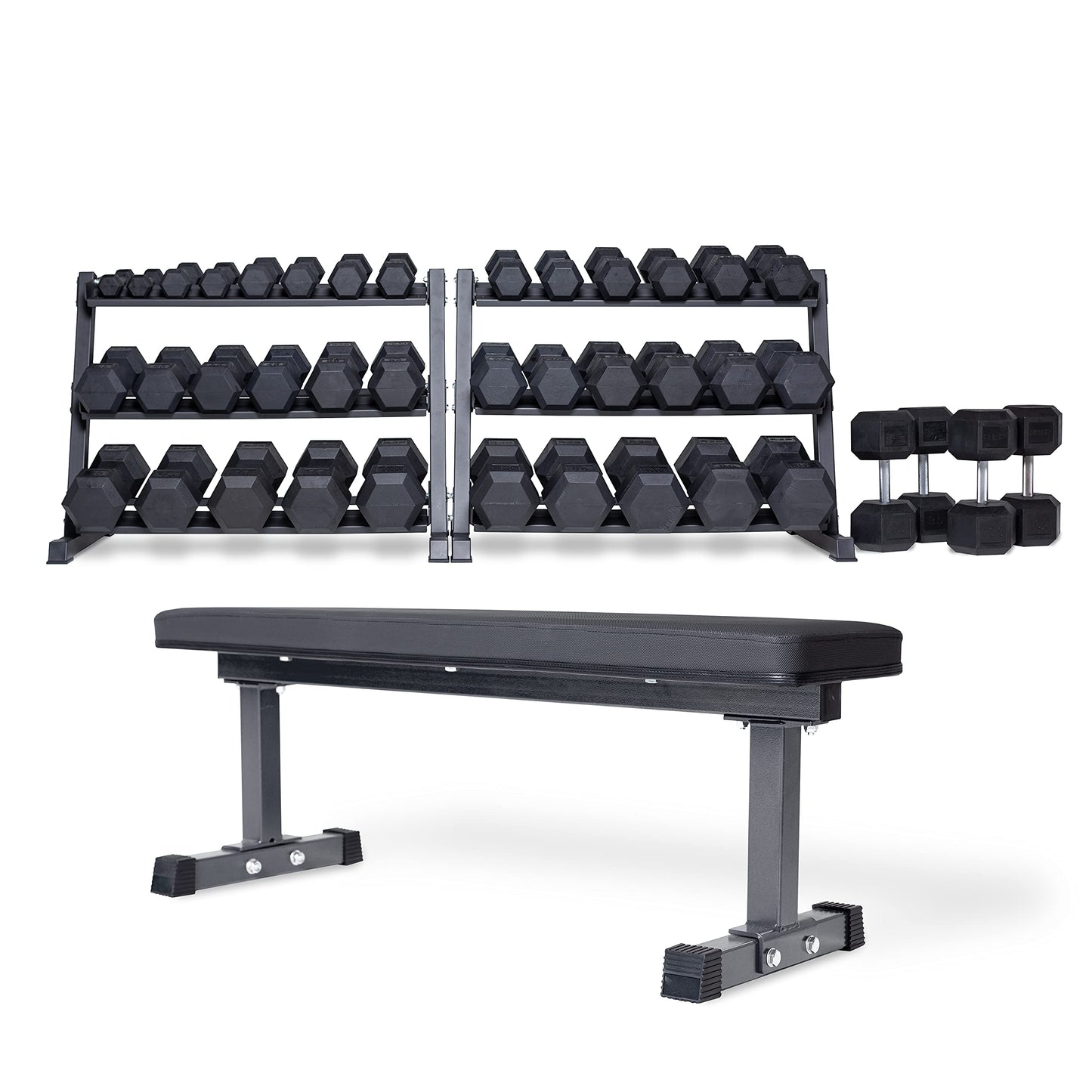 Rep 5-100 lb Rubber Hex Dumbbell Set with (2) 3-Tier Dumbbell Rack and Flat Bench FB-3000