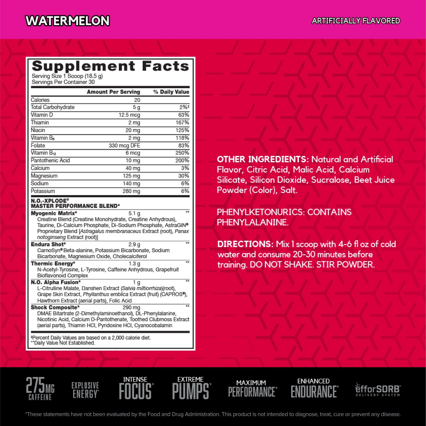 BSN N.O.-XPLODE Pre Workout Powder, Energy Supplement for Men and Women with Creatine and Beta-Alanine, Flavor: Watermelon, 30 Servings