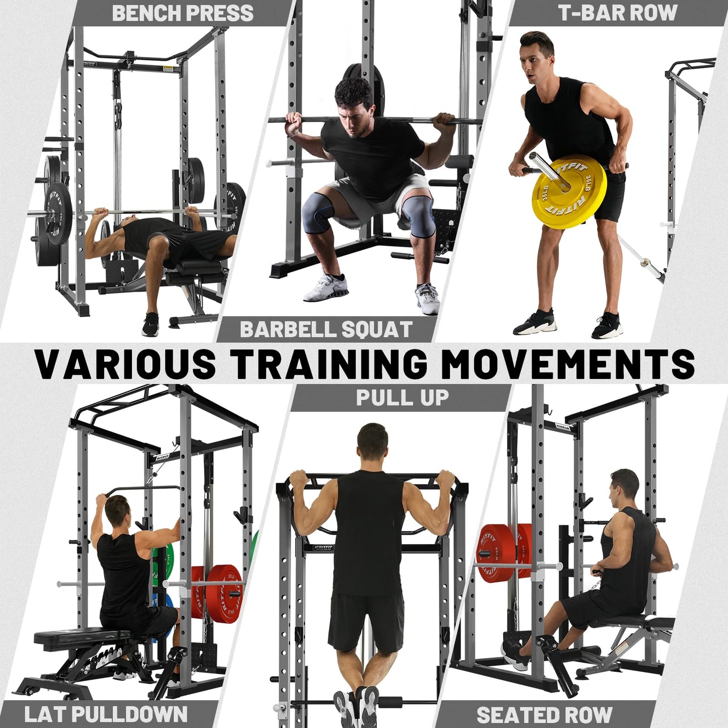 RitFit Squat Rack Power Cage Home Gym Package, Includes 1000LBS Power Rack with LAT Pull Down, Weight Bench, Rubber/Bumper Plates Set with Olympic Barbell (Package 1.9K (Bumper Plate 340LBS))-Grey