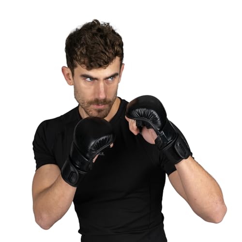 Sanabul Essential 7 oz MMA Gloves Men & Women | Gloves for Martial Arts Sparring & Training Gloves | Hybrid MMA Kick Boxing Gloves Men | Grappling Gloves (All Black, Large/X-Large)