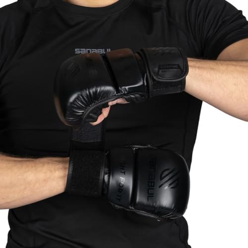 Sanabul Essential 7 oz MMA Gloves Men & Women | Gloves for Martial Arts Sparring & Training Gloves | Hybrid MMA Kick Boxing Gloves Men | Grappling Gloves (All Black, Large/X-Large)