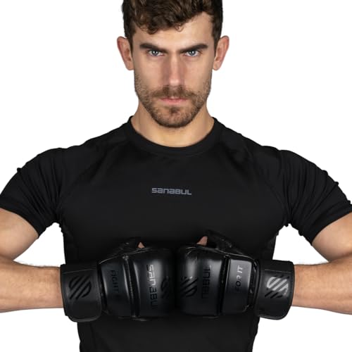Sanabul Essential 7 oz MMA Gloves Men & Women | Gloves for Martial Arts Sparring & Training Gloves | Hybrid MMA Kick Boxing Gloves Men | Grappling Gloves (All Black, Large/X-Large)