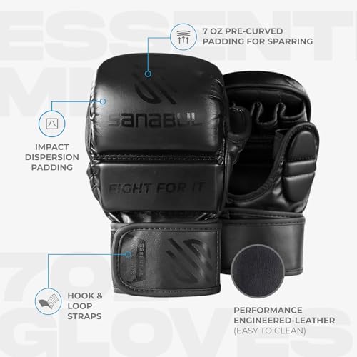 Sanabul Essential 7 oz MMA Gloves Men & Women | Gloves for Martial Arts Sparring & Training Gloves | Hybrid MMA Kick Boxing Gloves Men | Grappling Gloves (All Black, Large/X-Large)