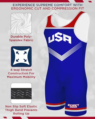 Exxact Sports Sublimated Wrestling Singlet for MMA, Powerlifting Singlet Youth Wrestling Singlet Men for Training (YM, Royal Blue USA)