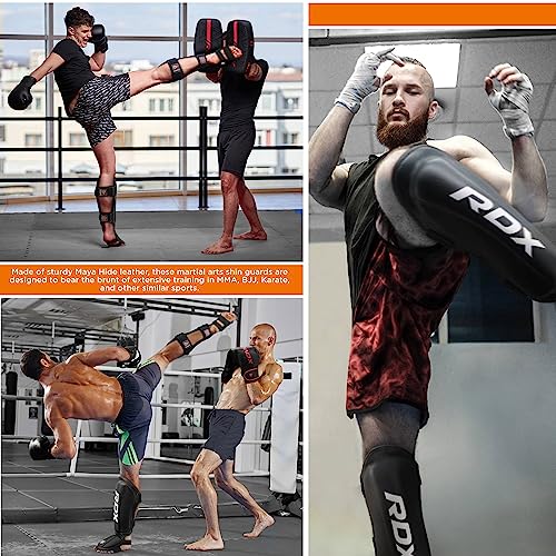 RDX Shin Guards Kickboxing Muay Thai, SATRA SMMAF Approved, Premium Maya Hide Leather, Leg Instep Protection Pads, MMA Martial Arts Kicking Sparring Training Gear, BJJ Karate Boxing Taekwondo, Black