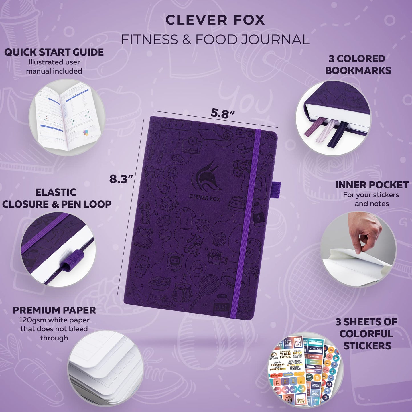 Clever Fox Fitness & Food Journal – Nutrition & Workout Planner for Women & Men – Diet & Gym Exercise Log Book with Calendars, Diet & Training Trackers - Undated, A5 Size, Hardcover (Purple)