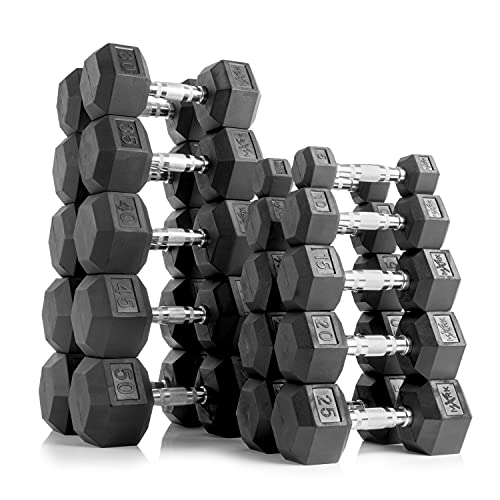 XMARK Dumbbell Pair Weight Sets, 10 Pair of Dumbbell Hand Weights, 5 lbs to 50 lbs Rubber Hex Dumbbell Pairs, Complete with Dumbbell Storage Rack for an Organized Home Gym