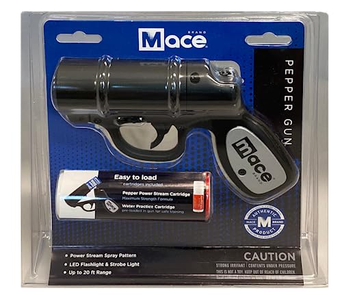 Mace Pepper Spray Gun with Strobe LED (Matte Black) — 20’ Powerful Pepper Spray, Leaves UV Dye on Skin, Integrated LED Light Enhances Aim — Mace Self Defense Spray for Women/Men, Made in The USA