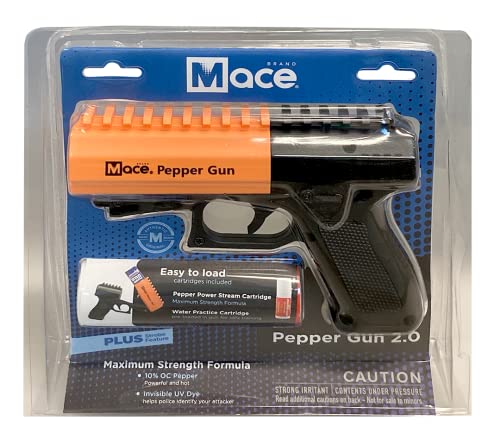 Mace Brand Self Defense Pepper Spray Gun 2.0 – Accurate 20’ Spray, Leaves UV Dye on Skin, Replaceable Cartridge (80406) — for Women/Men, Made in the USA, Black /Orange,1 Pack