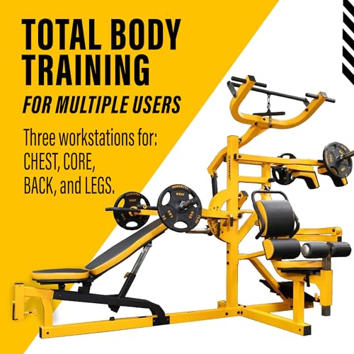 Powertec Fitness Workout Bench Multiystem® for Chest, Arms, Legs, 120.1 x 73.3 x 80.5 Inches, Yellow - Adjustable, Multi-User Weight Machines with Isolateral Arms - Premium at Home Gym Equipment