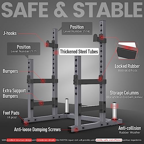 PASYOU Squat Rack for Home Gym with Max Load 1800 lbs for Bumpers and 600 lbs for J Hooks (Model:SR30)