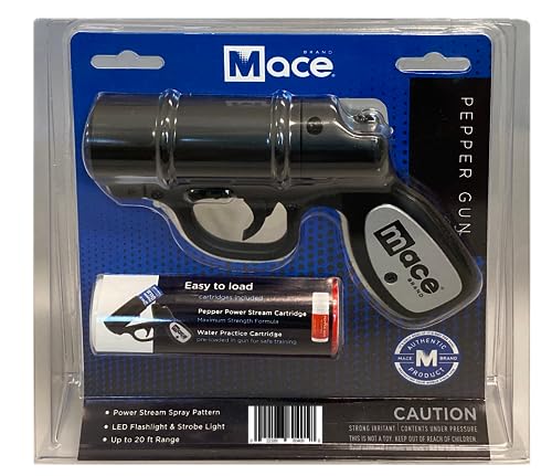 Mace Pepper Spray Gun with Strobe LED (Matte Black) — 20’ Powerful Pepper Spray, Leaves UV Dye on Skin, Integrated LED Light Enhances Aim — Mace Self Defense Spray for Women/Men, Made in The USA