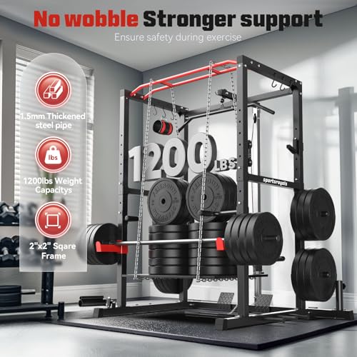 Sportsroyals Power Rack, Multi-Functional Power Cage with LAT Pulldown Pulley System, Squat Rack with More Training Attachments for Home Gym (Red)，1200 lbs Weight Capacity