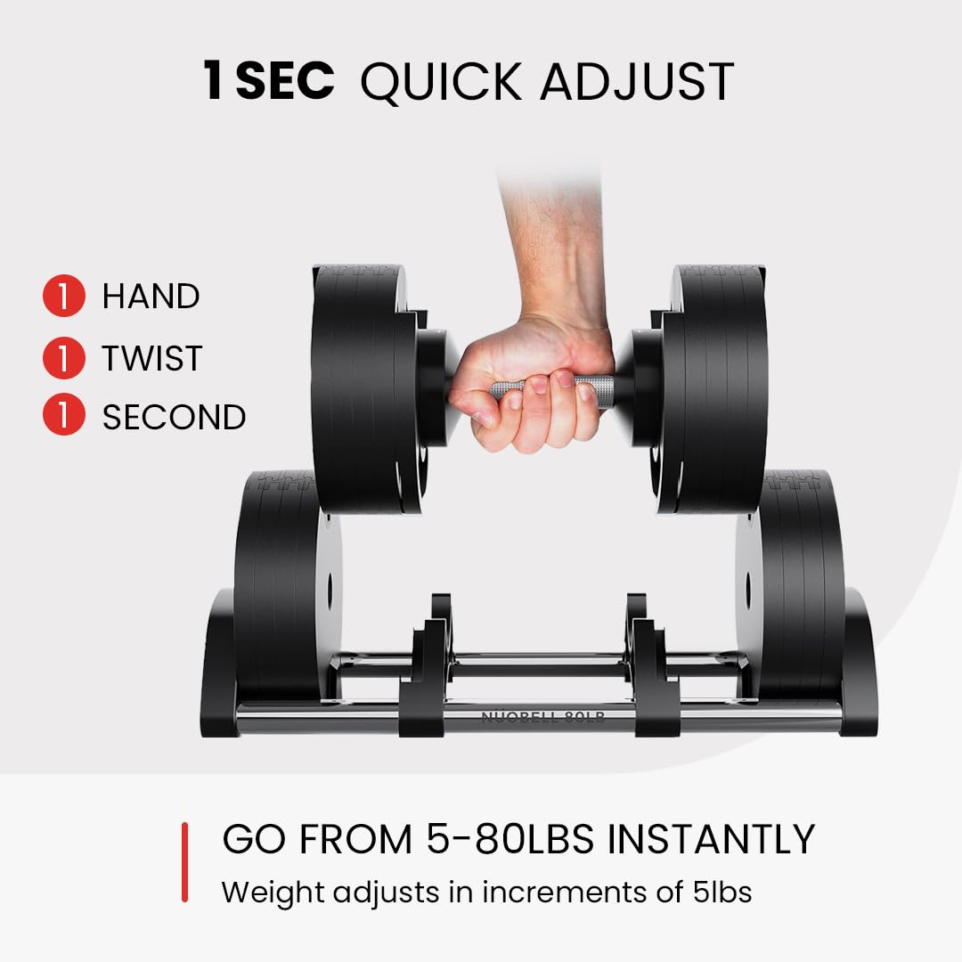 NUOBELL Adjustable Dumbbell Pair 5-80 lbs : the Adjustable Dumbbells and Free Weights You've Always Wanted for Home Gym, Weight Benches and Dumbbell Exercise. Ships as 2 Packages. (Total Black)