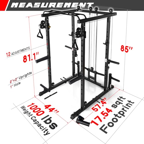 RitFit Multi-Function Power Rack Cage PPC03 with Adjustable Cable Crossover System,1000LBS Capacity, Full Home Gym Workout with J-Hook, Landmine and Other Attachments-Black