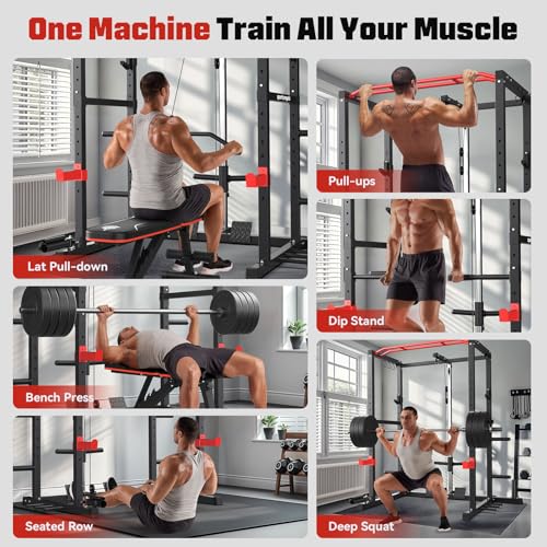Sportsroyals Power Rack, Multi-Functional Power Cage with LAT Pulldown Pulley System, Squat Rack with More Training Attachments for Home Gym (Red)，1200 lbs Weight Capacity