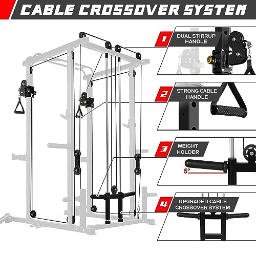 RitFit Multi-Function Power Rack Cage PPC03 with Adjustable Cable Crossover System,1000LBS Capacity, Full Home Gym Workout with J-Hook, Landmine and Other Attachments-Black