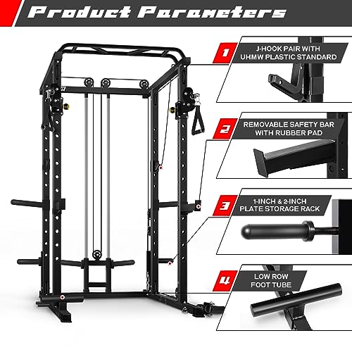 RitFit Multi-Function Power Rack Cage PPC03 with Adjustable Cable Crossover System,1000LBS Capacity, Full Home Gym Workout with J-Hook, Landmine and Other Attachments-Black
