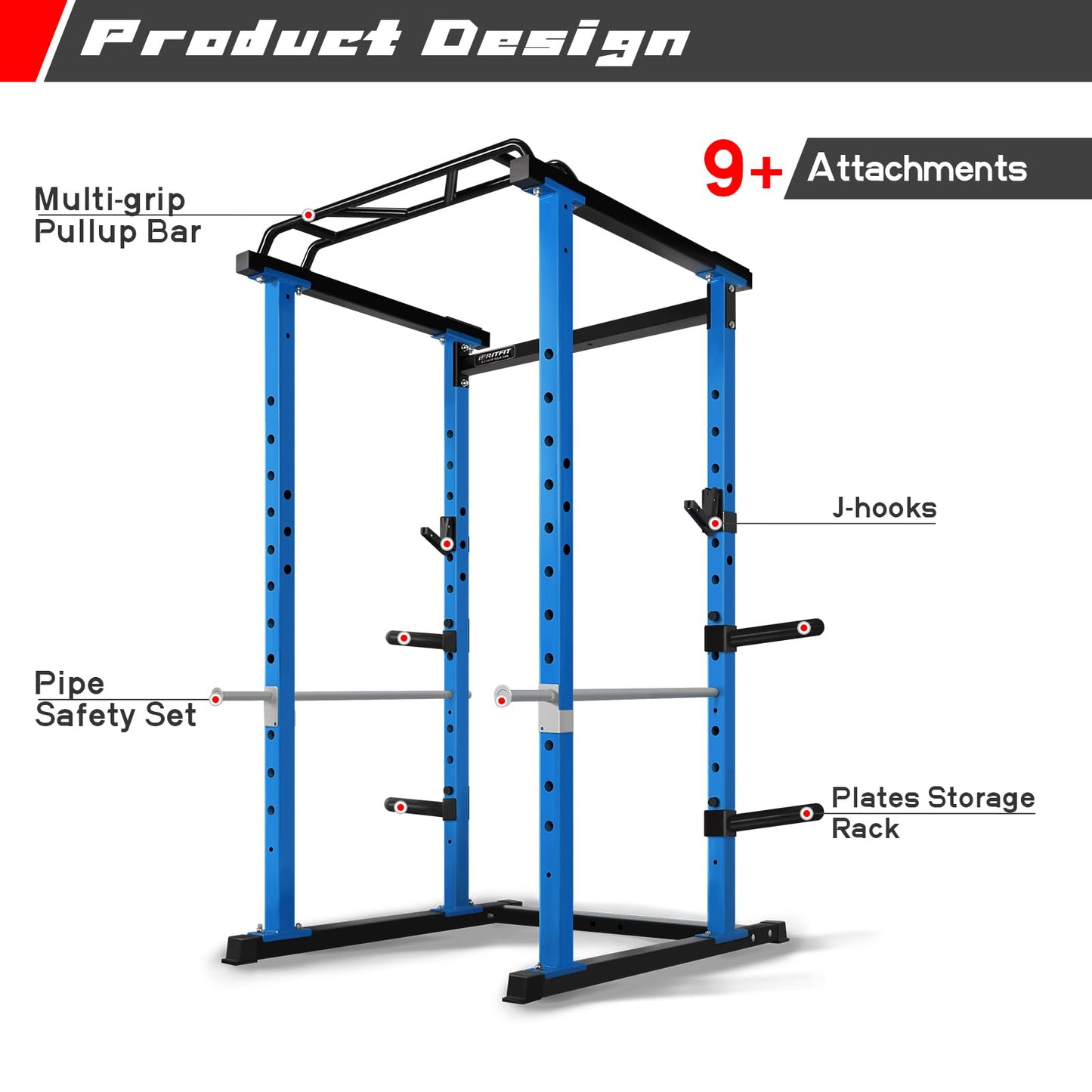 RitFit PPC01 Power Cage, 1000LB Capacity Power Rack Full Home Gym for Weightlifting, Come with J-Cups, Plate Holders and Other Attachments (Basic Version)-Blue