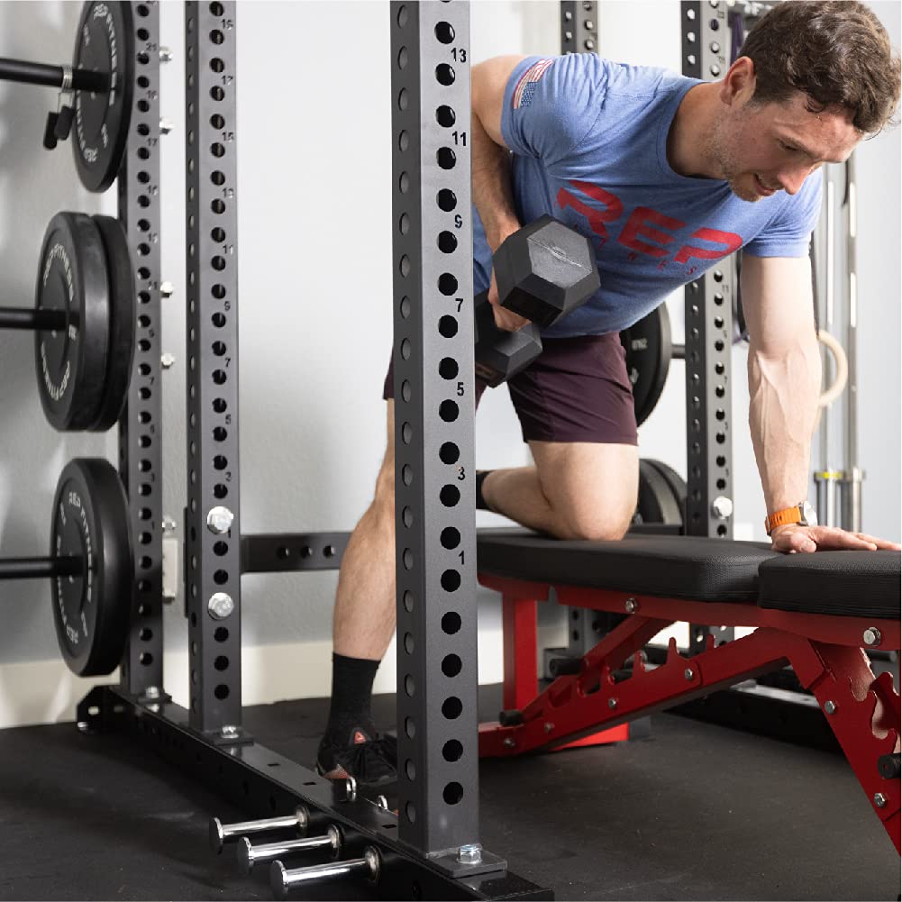 Rep 5-100 lb Rubber Hex Dumbbell Set with (2) 3-Tier Dumbbell Rack and Flat Bench FB-3000