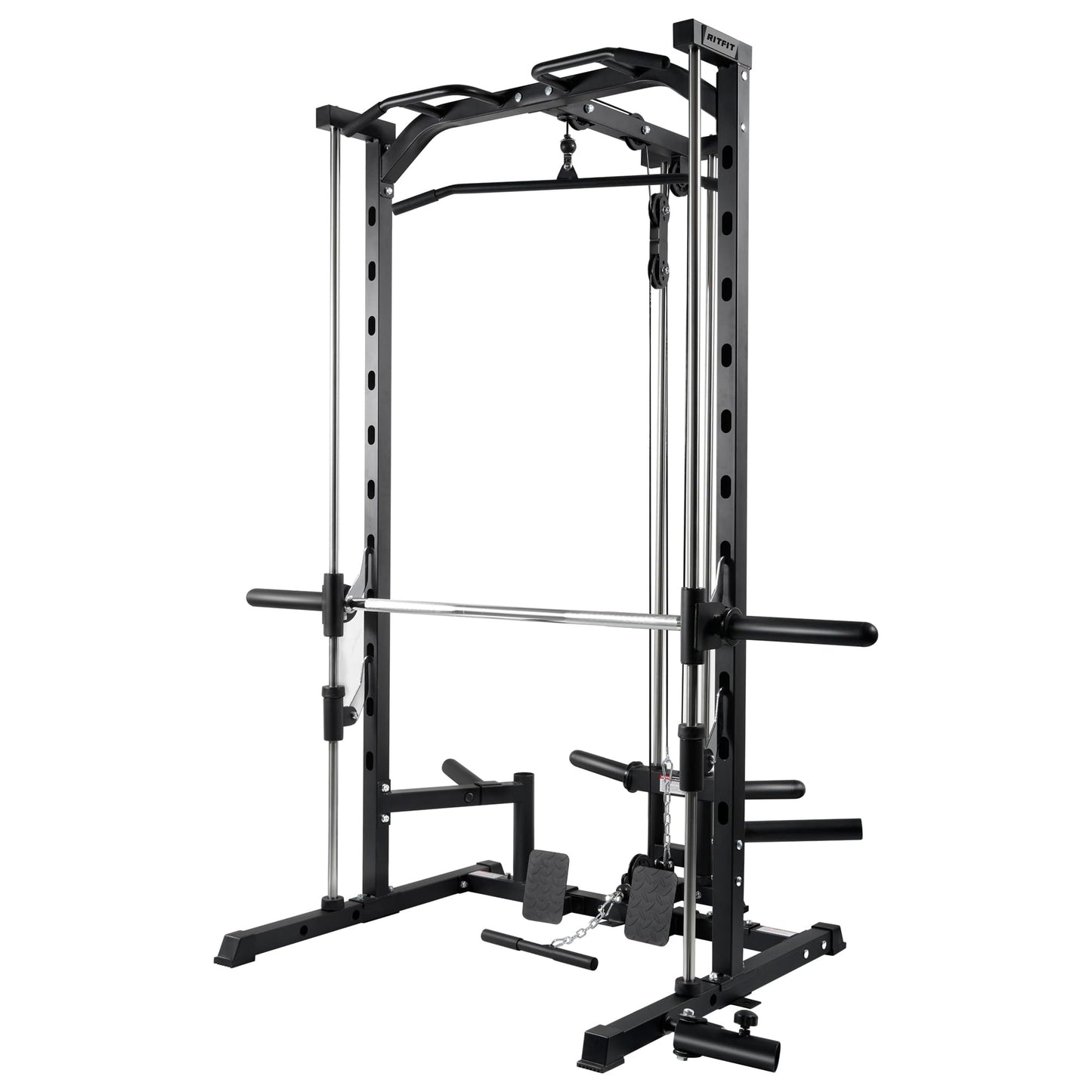 RitFit Smith Machine Power Rack with LAT-Pull Down System, Landmine, Barbell Bar, Plate Storage Pegs and More Training Attachment (Smith Machine 1.0)