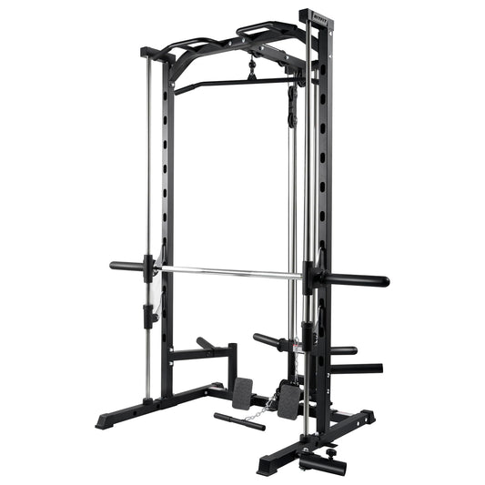 RitFit Smith Machine Power Rack with LAT-Pull Down System, Landmine, Barbell Bar, Plate Storage Pegs and More Training Attachment (Smith Machine 1.0)