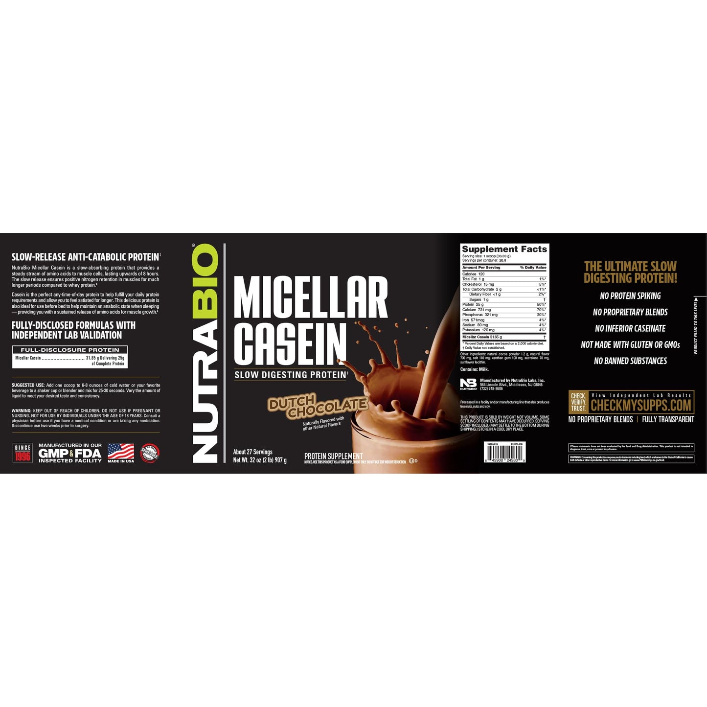NutraBio Micellar Casein Protein Powder, 2 lbs, Dutch Chocolate