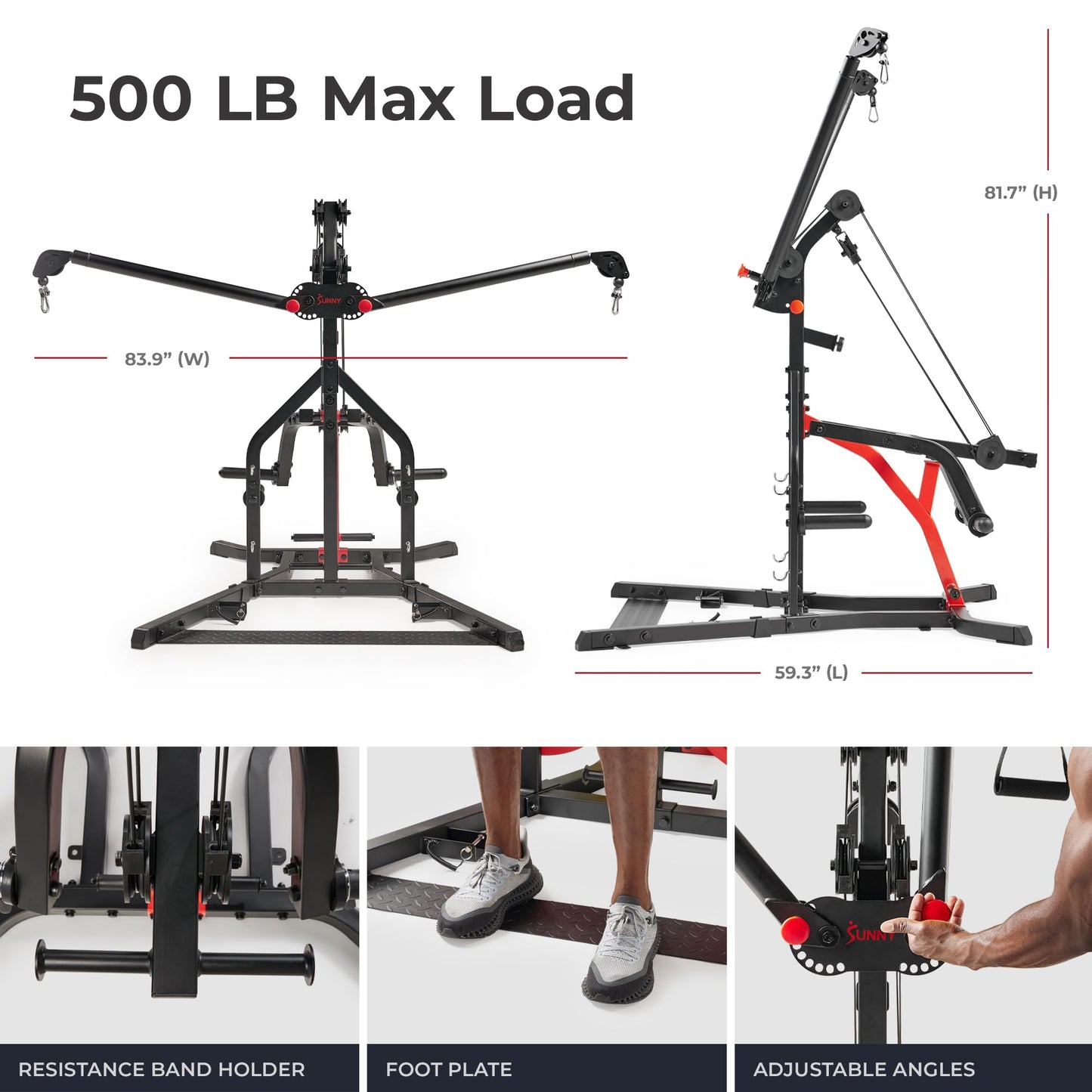 Sunny Health & Fitness Multifunctional Strength Training All in One Home Gym 500 LB Max Load Weight, Adjustable Arm Angle, Resistance Band Feature, Olympic Weight Holder Workout Equipment - SF-HG92401