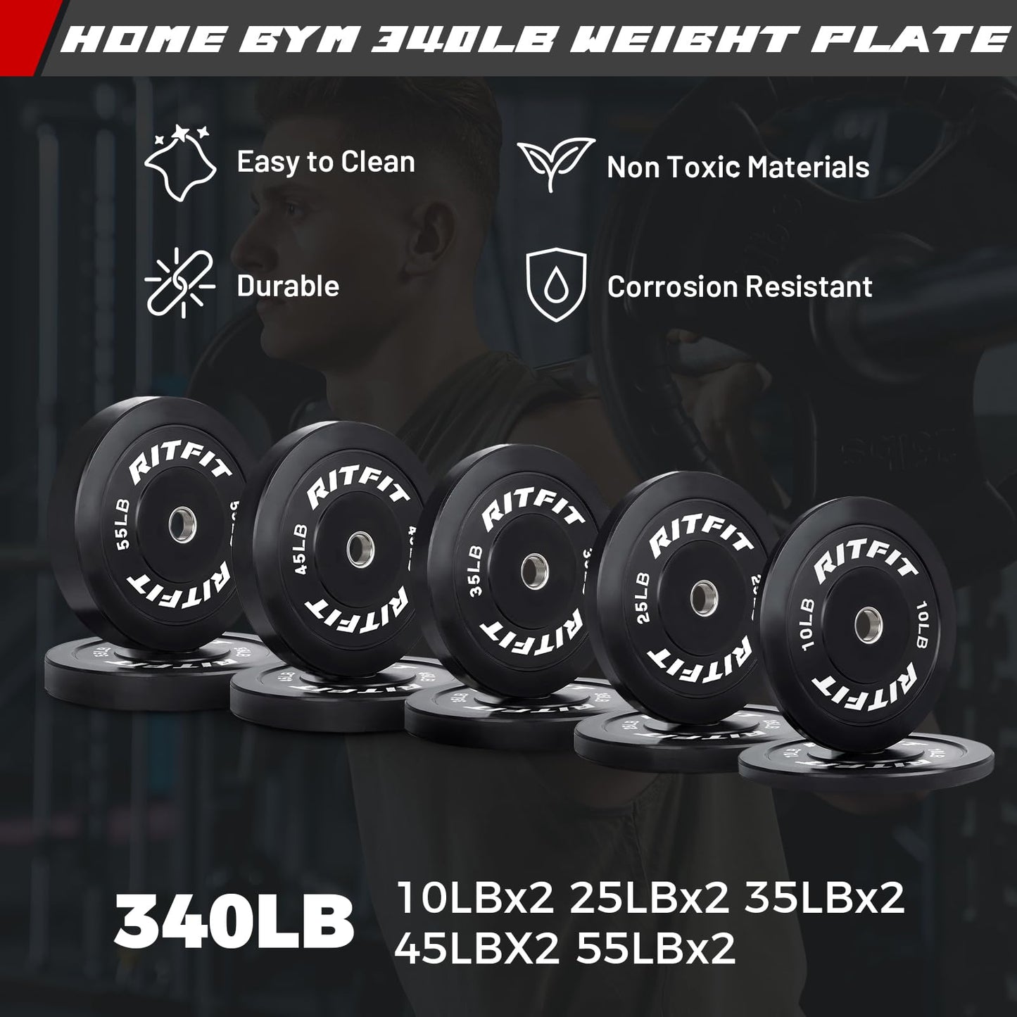 RitFit Squat Rack Power Cage Home Gym Package, Includes 1000LBS Power Rack with LAT Pull Down, Weight Bench, Rubber/Bumper Plates Set with Olympic Barbell (Package 1.9K (Bumper Plate 340LBS))-Grey