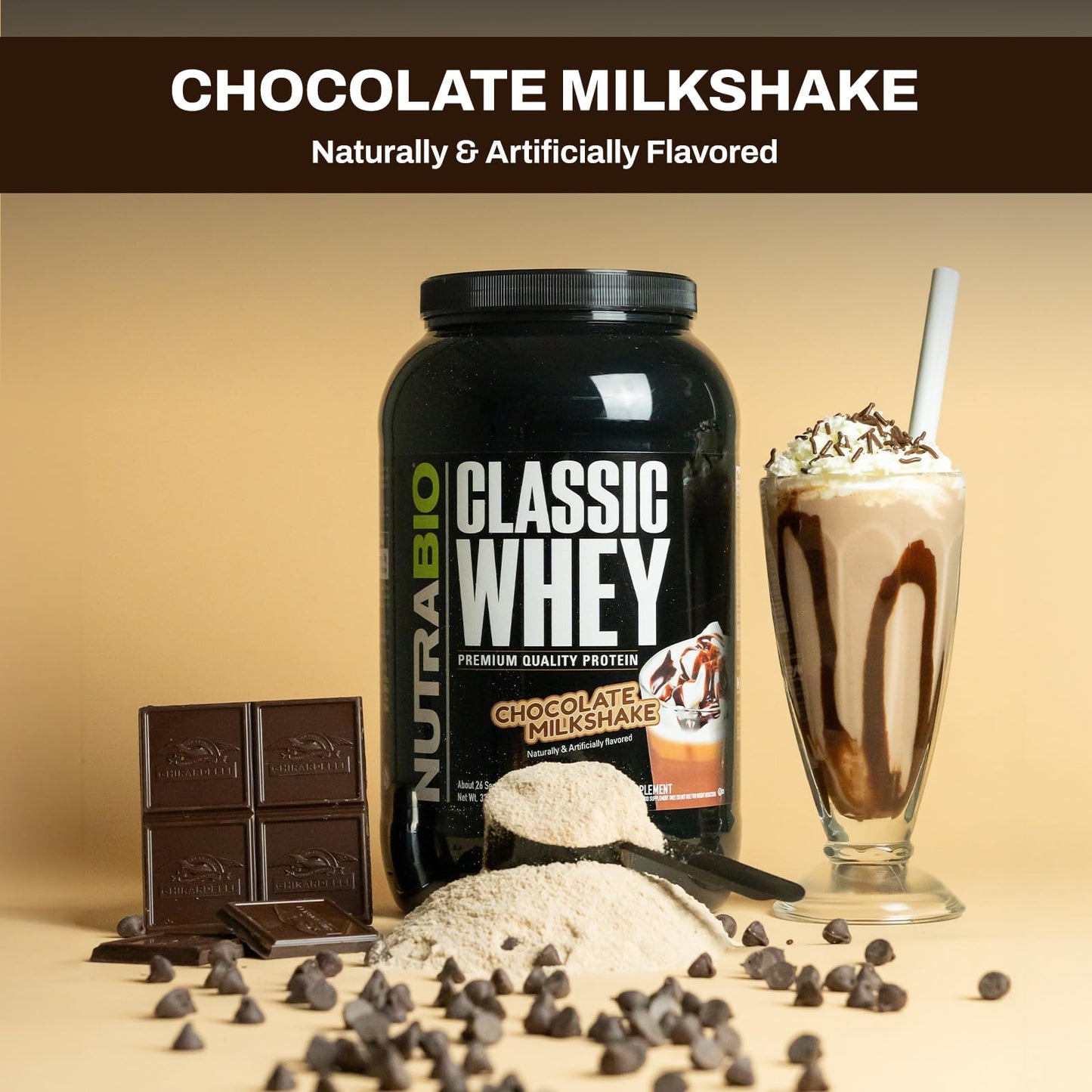 NutraBio Classic Whey Protein Powder- 25G of Protein Per Scoop - No Fillers, Artificial Colors, Preservatives - Chocolate Milkshake, 2 Pounds