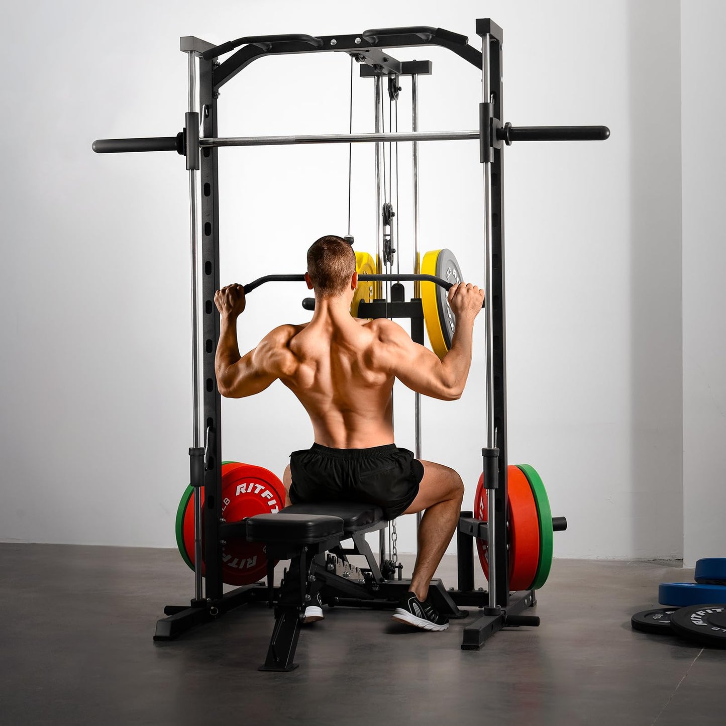 RitFit Smith Machine Power Rack with LAT-Pull Down System, Landmine, Barbell Bar, Plate Storage Pegs and More Training Attachment (Smith Machine 1.0)