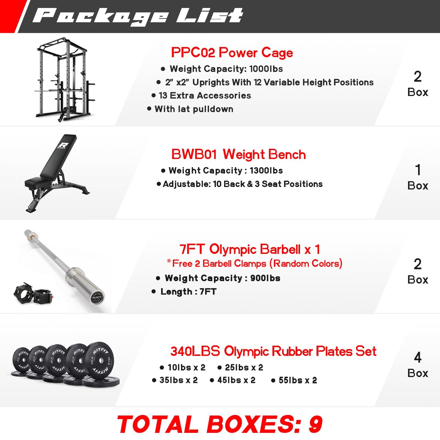 RitFit Squat Rack Power Cage Home Gym Package, Includes 1000LBS Power Rack with LAT Pull Down, Weight Bench, Rubber/Bumper Plates Set with Olympic Barbell (Package 1.9K (Bumper Plate 340LBS))-Grey