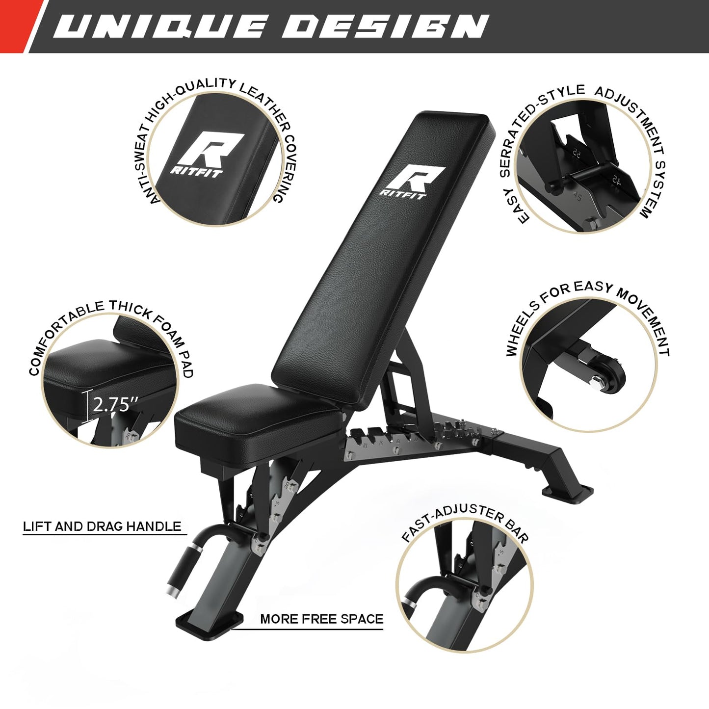 RitFit Squat Rack Power Cage Home Gym Package, Includes 1000LBS Power Rack with LAT Pull Down, Weight Bench, Rubber/Bumper Plates Set with Olympic Barbell (Package 1.9K (Bumper Plate 340LBS))-Grey