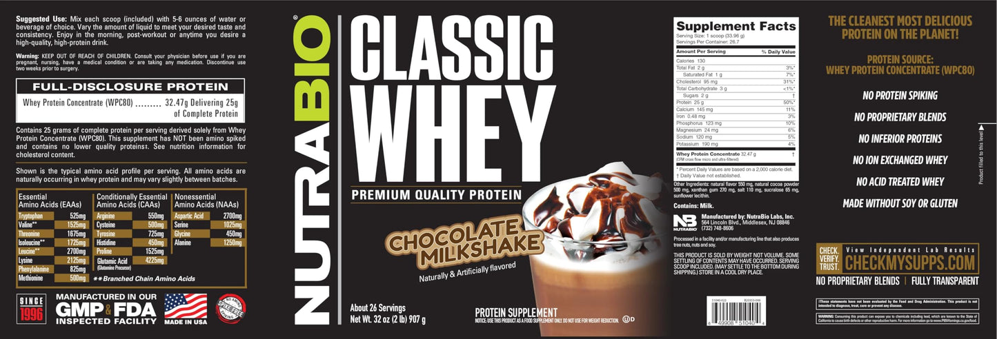 NutraBio Classic Whey Protein Powder- 25G of Protein Per Scoop - No Fillers, Artificial Colors, Preservatives - Chocolate Milkshake, 2 Pounds