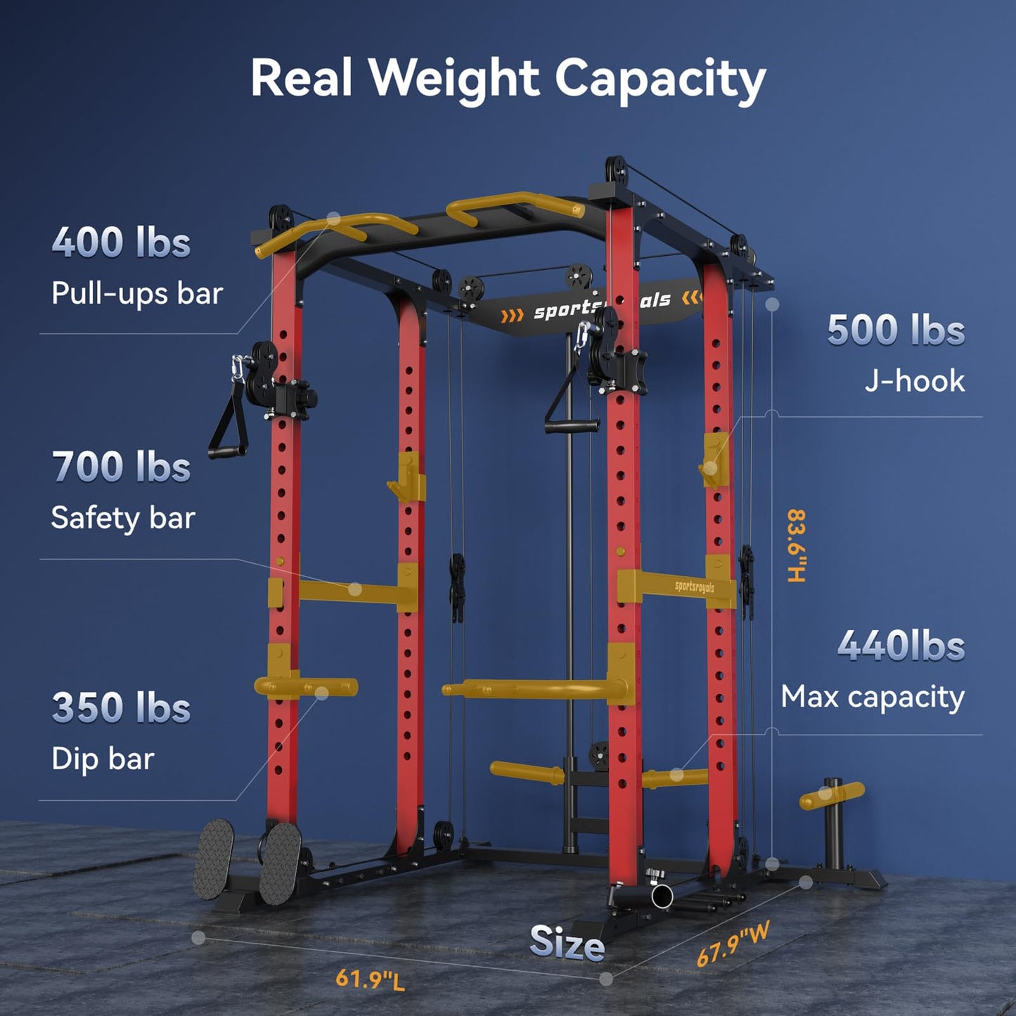 Sportsroyals Power Cage,1600lbs Multi-Function Power Rack with Adjustable Cable Crossover System and More Training Attachment, Weight Cage for Home Gym Red