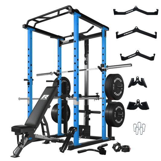 RitFit Squat Rack Power Cage Home Gym Package, Includes 1000LBS Power Rack with LAT Pull Down, Weight Bench, Rubber/Bumper Plates Set with Olympic Barbell (Package 1.9K (Bumper Plate 340LBS))-Blue