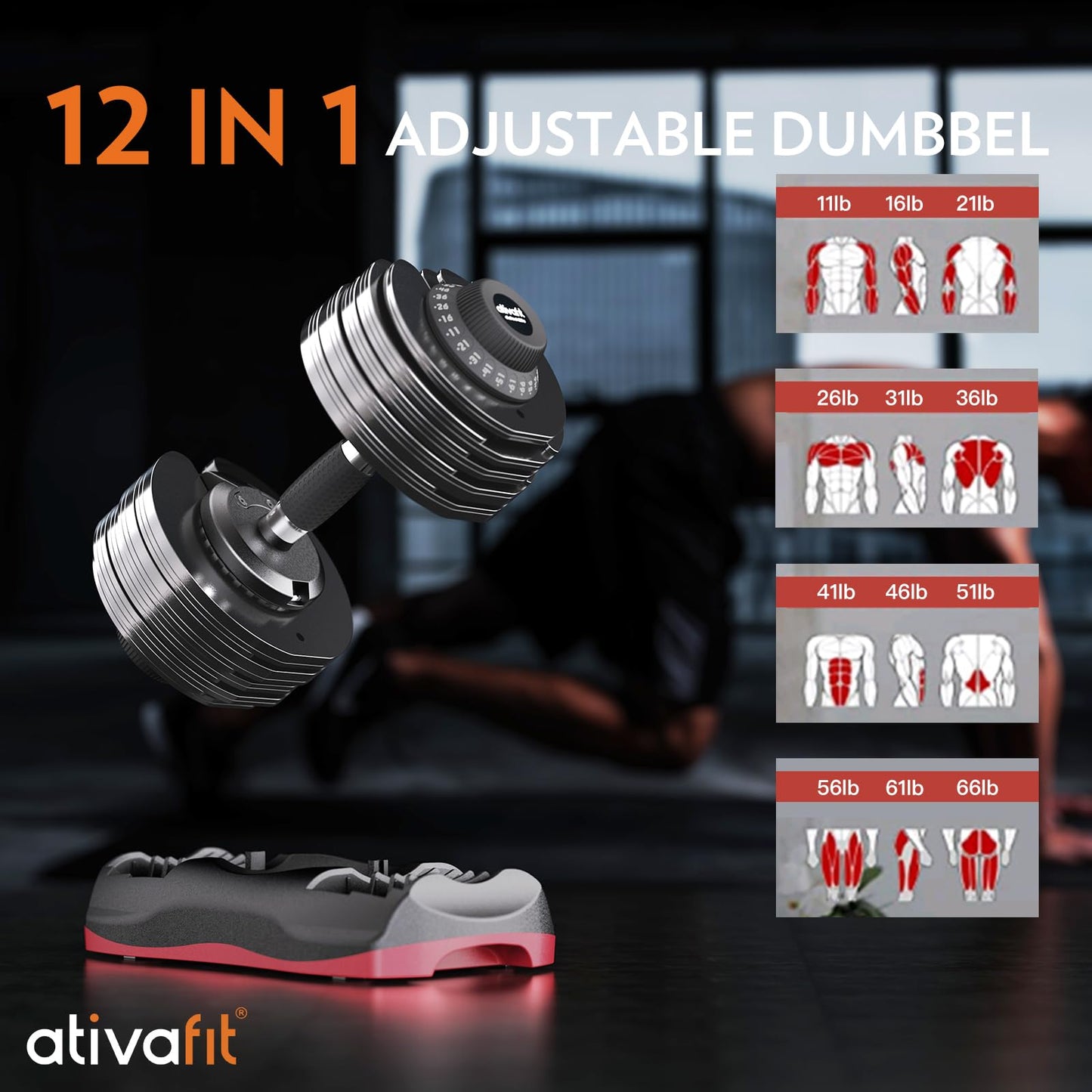 Ativafit 27.5 LBS/66LBS/88LBS Adjustable Dumbbell Set with Anti-slip Handle 12 In 1 Quick Dial Adjustment Weights With Safety Locking Button Space Saving Strength Training for Full Body Home Gym Workout