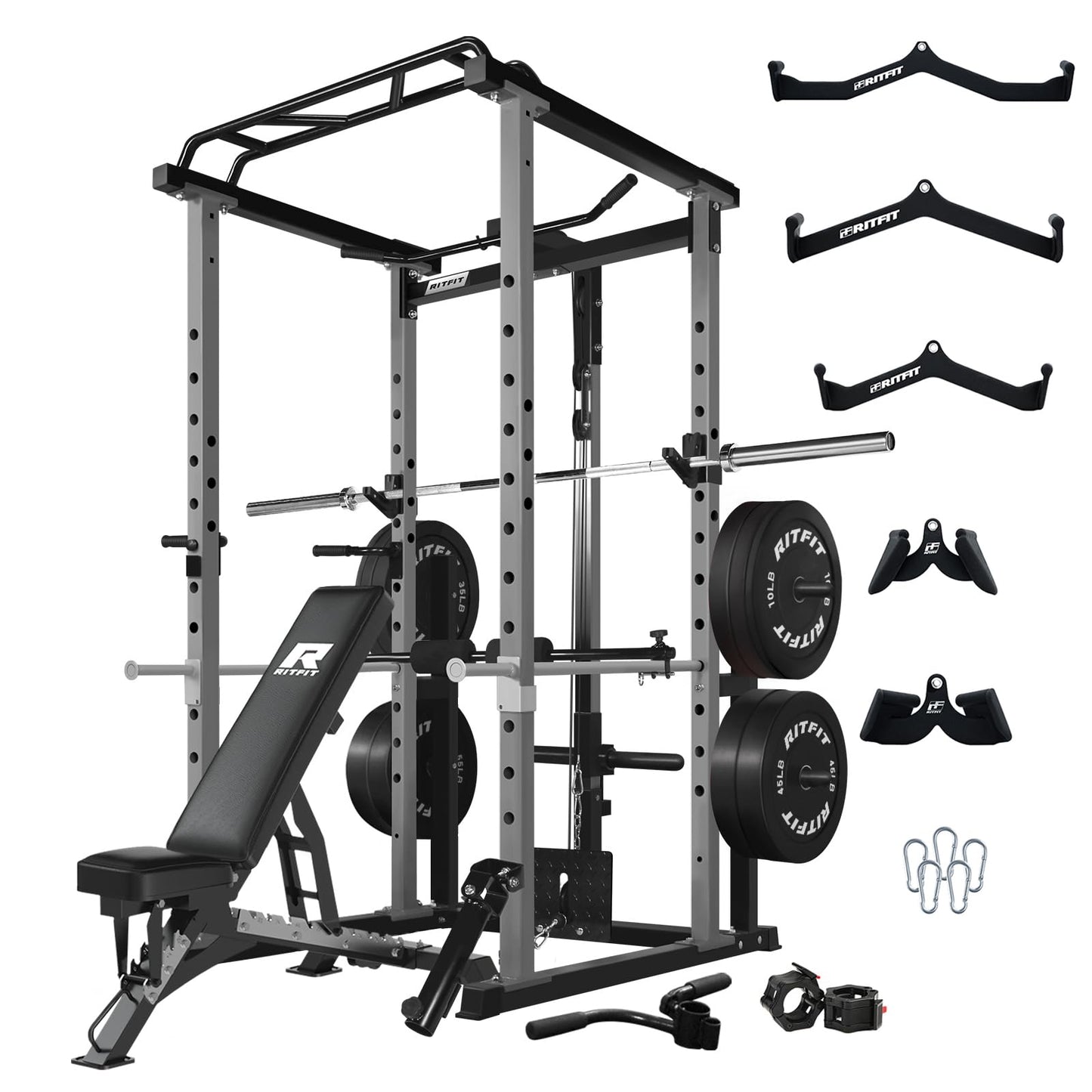 RitFit Squat Rack Power Cage Home Gym Package, Includes 1000LBS Power Rack with LAT Pull Down, Weight Bench, Rubber/Bumper Plates Set with Olympic Barbell (Package 1.9K (Bumper Plate 340LBS))-Grey