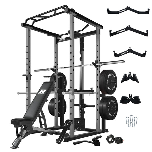 RitFit Squat Rack Power Cage Home Gym Package, Includes 1000LBS Power Rack with LAT Pull Down, Weight Bench, Rubber/Bumper Plates Set with Olympic Barbell (Package 1.9K (Bumper Plate 340LBS))-Grey