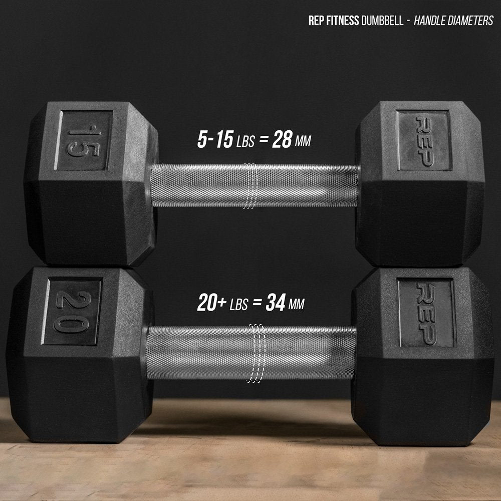 Rep 5-100 lb Rubber Hex Dumbbell Set with (2) 3-Tier Dumbbell Rack and Flat Bench FB-3000