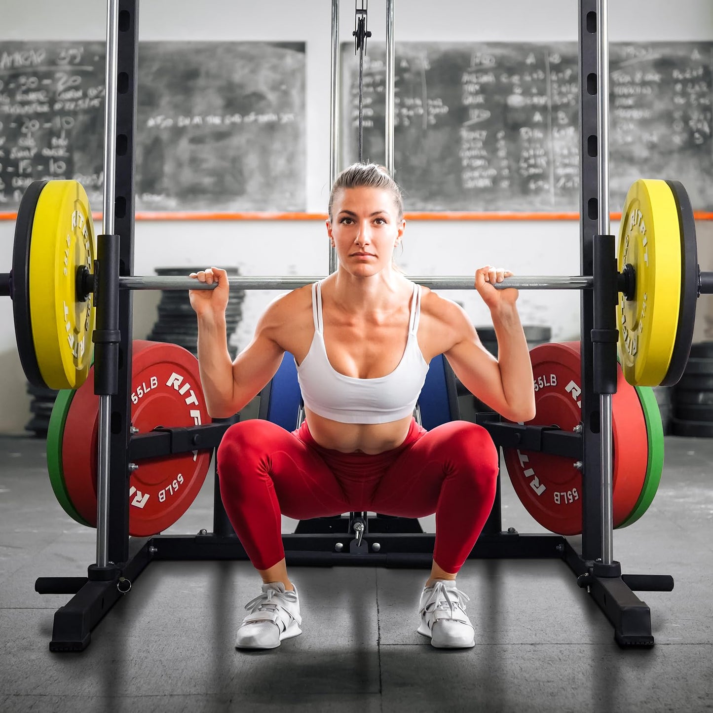 RitFit Smith Machine Power Rack with LAT-Pull Down System, Landmine, Barbell Bar, Plate Storage Pegs and More Training Attachment (Smith Machine 1.0)