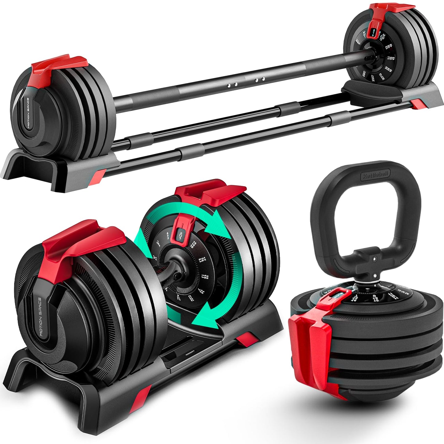 Motion Space 3-In-1 Adjustable Dumbbell Set, 54LBS Barbell Kettlebell with 12 Free Weights, 1-Sec Fast Adjustable, Premium Comfort Non-slip Metal Handle, Compact Size for Full Body Home Workout