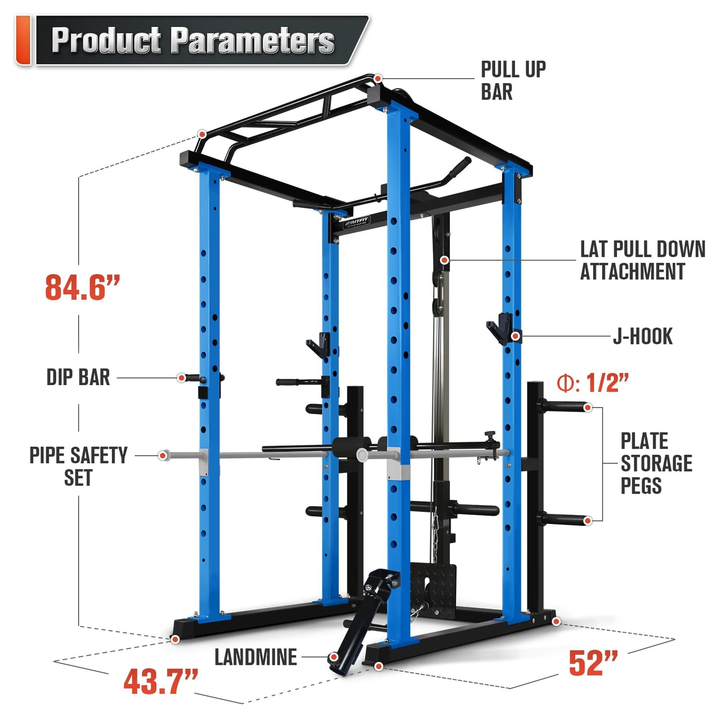 RitFit Squat Rack Power Cage Home Gym Package, Includes 1000LBS Power Rack with LAT Pull Down, Weight Bench, Rubber/Bumper Plates Set with Olympic Barbell (Package 1.9K (Bumper Plate 340LBS))-Blue