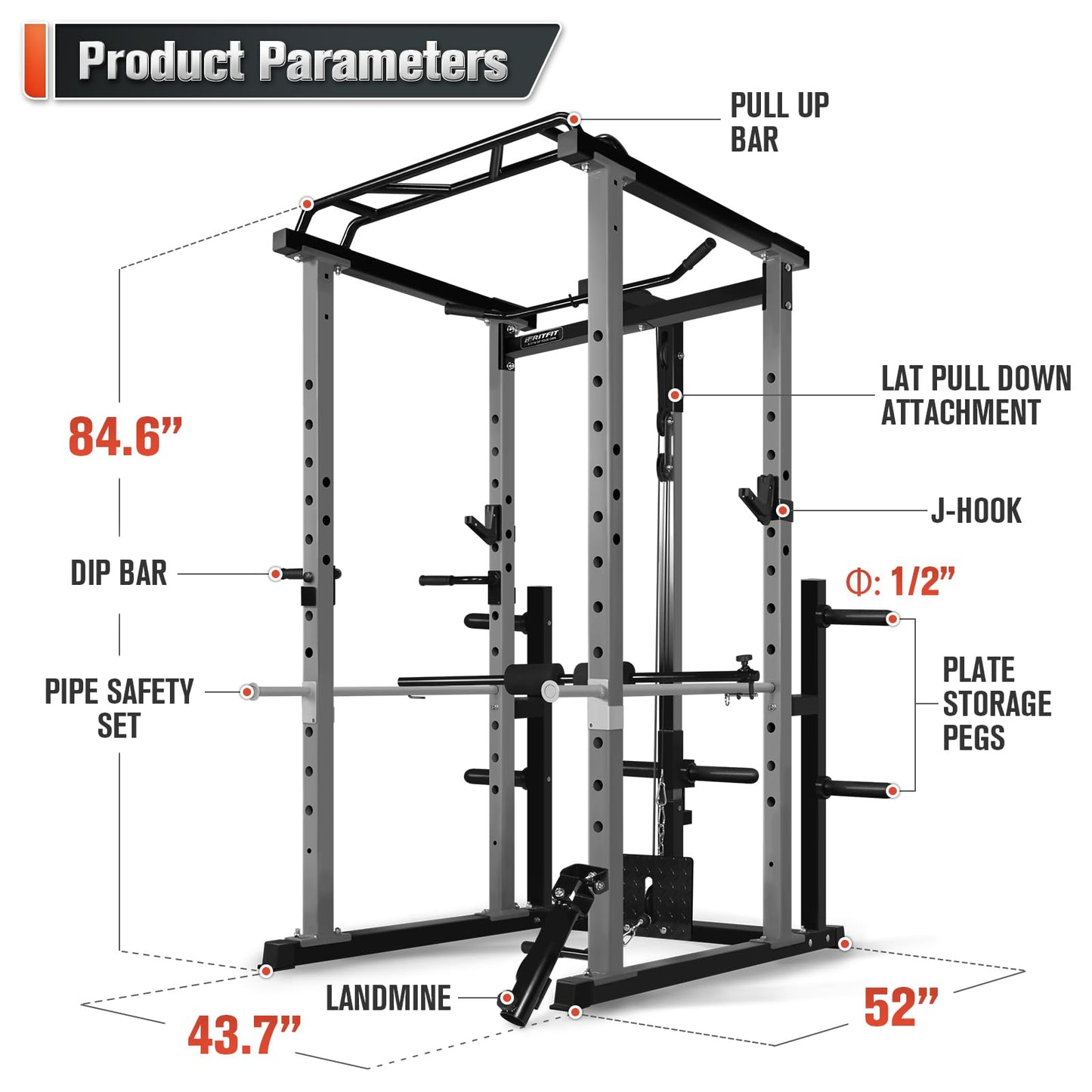 RitFit Squat Rack Power Cage Home Gym Package, Includes 1000LBS Power Rack with LAT Pull Down, Weight Bench, Rubber/Bumper Plates Set with Olympic Barbell (Package 1.9K (Bumper Plate 340LBS))-Grey