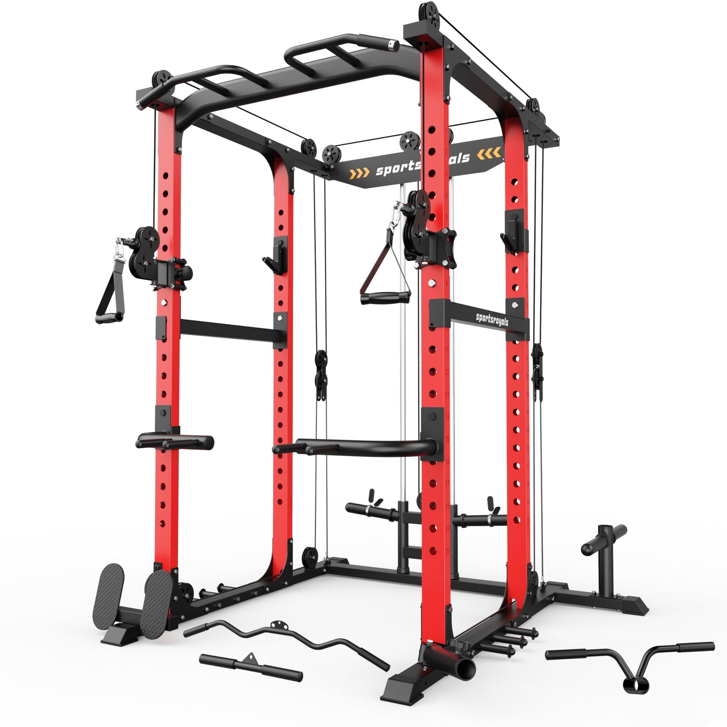 Sportsroyals Power Cage,1600lbs Multi-Function Power Rack with Adjustable Cable Crossover System and More Training Attachment, Weight Cage for Home Gym Red